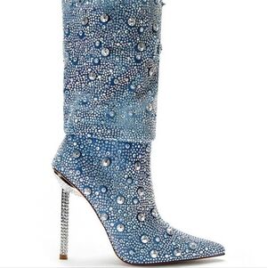 🆕 AZALEA WANG AKIRA Elegant Blue Rhinestone Heeled Boots